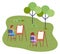 Girl and boy drawing picture at canvas sitting outdoors at nature, hobby of little kids, summertime