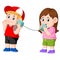 Girl and boy experimenting talking on a wired tin cans phone