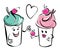 Girl and boy ice cream character and cherry, heart. The boy gives the cherry to the girl.. Black white pink hand drawing