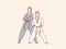 Girl and boy practice karate red belt stance ready to training simple korean style illustration