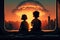 A Girl And A Boy Sitting By The Window Watching A Nuclear Explosion In The City. Generative AI