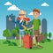 Girl and boy tourist with rucksack suitcase green field city background