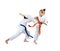 Girl and boy are training attack and defense karate