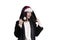 Girl in braces santa hat isolated fur coat face sale joyful glamour
