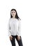 Girl brunette white blouse jeans isolated