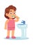 Girl brushing teeth. Cute child in bathroom morning and evening routine, dental care with toothbrush and fresh