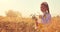 Girl with Bulgarian folklore costume at the agricultural wheat field during harvest time with industrial combine machine