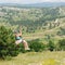 A girl bungee rides from a high hill. Mount Ai-Petri. Crimea