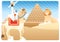 girl on a camel with pyramid and sphinx. Vector illustration decorative design