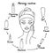 Girl cares about her face. Morning care routine. Different facial care products. Vector illustration