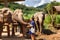 Girl caress three elephants at sanctuary in Chiang Mai Thailand