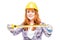girl carpenter on a white background with a tape measure in hand