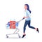 Girl carry a bag. Woman drive a shopping basket with lots of purchased goods. Vector