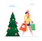 Girl Carry Paper Bags Pass by Decorated Fir Tree. Winter Holidays Shopping and Preparation for Christmas and New Year