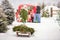 A girl is carrying a Christmas tree on a sleigh to her parents, who are waiting for her near the red car