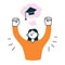 Girl celebrating graduation from college, dreaming of graduate cap, academic success composition, vector illustration of