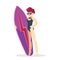 Girl character on the beach. Woman with a surfboard. Cartoon flat style illustration. Beach, summer, vacation, ocean