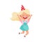 Girl Character with Blonde Hair in Birthday Hat Jumping with Joy Vector Illustration