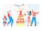 Girl character jumping out of cake, people cheerful time spend together, funny human holiday dance flat vector