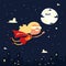 Girl character little superhero fly space, black sky, big moon, cloud, night city background, flat vector illustration.