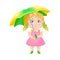 Girl Character with Ponytail Walking with Umbrella Vector Illustration