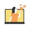 Girl character sending blow air kiss hearts from screen. Positive feedback or online dating love message concept