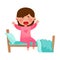Girl Character Sitting on Bed and Yawning Waking Up in the Morning Vector Illustration