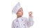 Girl chef white uniform isolated on white background, blowing to the fingers, Okay sign. Landscape image