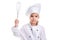 Girl chef white uniform isolated on white background. Floured face. Holding the whisk in one hand. Landscape image