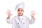 Girl chef white uniform isolated on white background. Floured face and palms up. Looking smiling at the camera