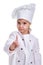 Girl chef white uniform isolated on white background. Looking at the camera. Floured face and pointing finger up