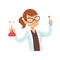 Girl chemist character, female scientist in white coat holding test flask vector Illustration