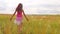 Girl child goes lifestyle on nature by field grass summer sunlight slow motion video steadicam. childhood concept video