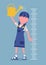 Girl at child height growth chart with a watering can