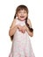 Girl child lost tooth fairy casual dressed on white