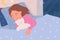 Girl child sleeping in bed with teddy bear, sleepy little kid lying, cuddle plush toy