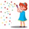 Girl Child Throw Colored Confetti At The Carnival Party Vector. Isolated Illustration