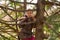 Girl child walking in park hiding among tree branches