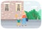 A girl with a child walking on the street. Mother with son spends time outdoors vector illustration