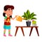 Girl Child Watering Domestic Plant In Pot Vector