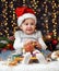 Girl in christmas decoration with gift, dark background with illumination and boke lights, winter holiday concept