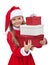 Girl in christmas outfit holding presents