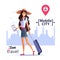 Girl in the city. Order a taxi through the app.