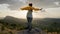 The girl climbs to the top of the mountain at sunset and raises her hands