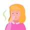 Girl close her nose and feeling bad because of the smell and air pollution from trash and cigarette smoke cartoon flat vector