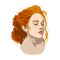 Girl with closed eyes, freckles and red hair with a beam.