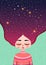 Girl with closed eyes. Night sky in hair - Vector