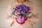 Girl in the coat holding a pot of tender color violet flowers