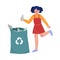 Girl Collecting Plastic Waste into Garbage Bag, Child Picking Up Trash for Recycling Vector Illustration