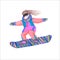 Girl on colorful snowboard. Jumping woman with long hair, in goggles and bright sport costume. Hand drawn raster illustration.